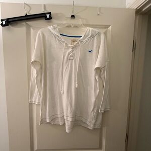 Hollister White Hoodie Lace-Up Top 3/4 Sleeve Hoodie